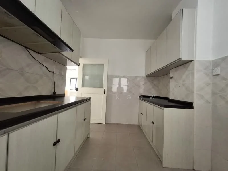 Kitchen features: light wood cabinetry, black countertop, ceramic tile flooring, white walls, wall-mounted cabinets, kitchen sink, backsplash with geometric pattern, window for natural light, door leading to another room; style: modern.