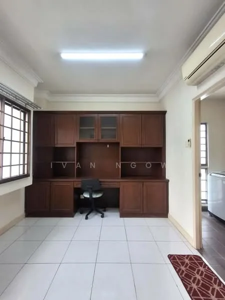 Study features: white painted walls, tile flooring, built-in wooden desk with shelving, office chair, window with grid pattern, recessed ceiling lights, air conditioning unit, doorway leading to another room; style: modern.