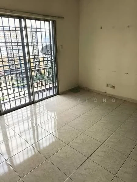 Room features: white painted walls, ceramic tile flooring, floor-to-ceiling windows, sliding glass door, city view, natural light, empty space, no visible furniture; view: city.