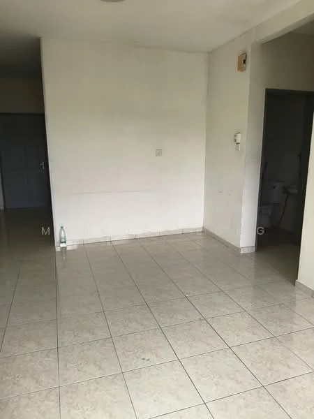 Room features: white painted walls, ceramic tile flooring, single light fixture on ceiling, doorway leading to another room, empty space, no visible furniture.