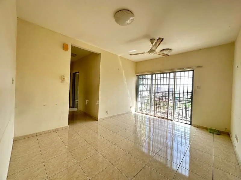 Living features: cream painted walls, glossy beige tile flooring, 5-blade ceiling fan with light, sliding glass door, floor-to-ceiling windows, natural light from windows, window treatments not visible, no visible furniture.