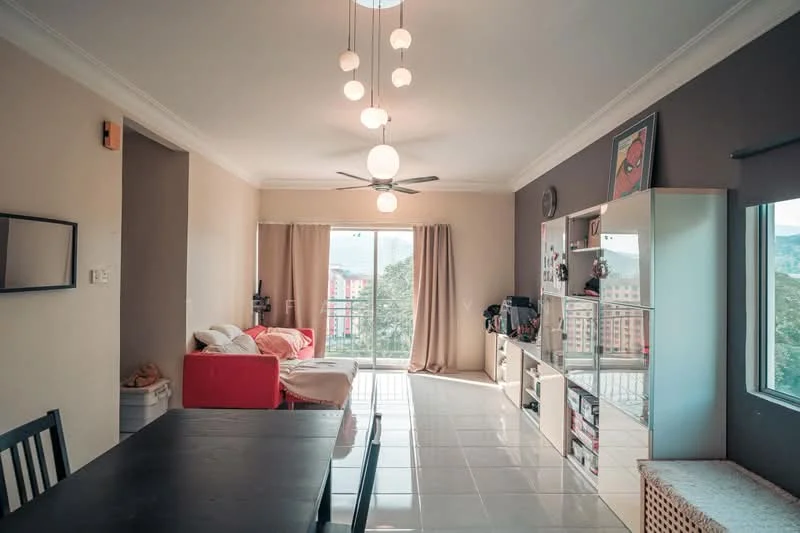 Living features: white painted walls, glossy tile flooring, 5-blade ceiling fan with light, large windows with city view, curtains, red sofa, white shelving unit, dining table with black chairs, decorative wall art, area rug; style: modern; view: city.