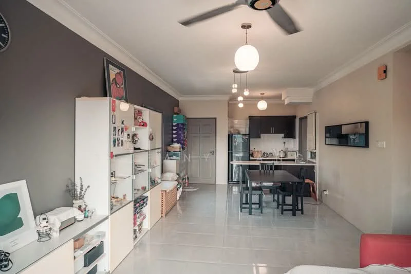 Living features: grey accent wall, white painted walls, ceramic tile flooring, 5-blade ceiling fan with light, pendant lights, wall-mounted TV, TV console, open shelving unit, dining table with chairs, kitchen with cabinetry, stainless-steel fridge, kitchen countertop, kitchen appliances visible; style: modern.