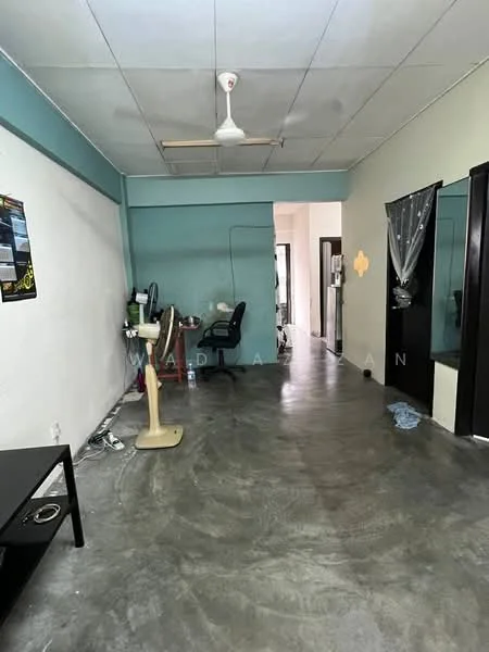 Room features: grey polished concrete flooring, white painted walls, ceiling fan, wall-mounted mirror wardrobe, black wardrobe, desk chair, table, standing fan, doorway leading to another room; style: minimalist.