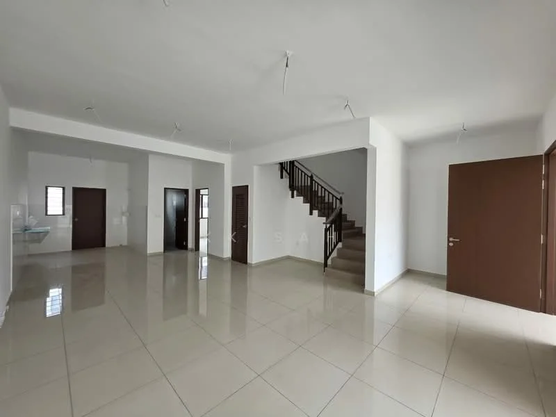 Room features: white painted walls, glossy ceramic tile flooring, staircase with wooden handrail, multiple doorways, large windows, recessed ceiling lights, open layout, neutral color scheme; style: modern.
