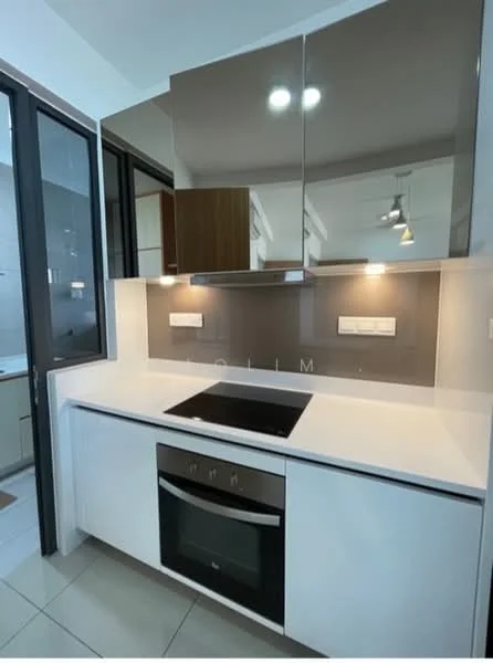 Kitchen features: white cabinetry, mirrored upper cabinets, grey backsplash, white countertop, built-in oven, induction cooktop, recessed downlights, wall-mounted range hood, ceramic tile flooring, open shelving, modern faucet; style: modern.