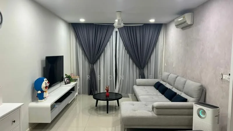 Living features: grey L-shape sectional sofa, black round coffee table, white TV console, wall-mounted TV, floor-to-ceiling windows with sheer curtains, grey curtains, ceiling fan, wall-mounted air conditioning unit, decorative plant, decorative clown figurine, white ceramic vase; style: modern.