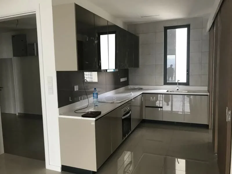 Kitchen features: glossy beige cabinetry, white countertop, stainless-steel built-in oven, stainless-steel cooktop, single-bowl stainless-steel sink, chrome pull-down faucet, grey tiled backsplash, floor-to-ceiling window, grey tile flooring, recessed downlights, water bottle on countertop; style: modern. Room features: open layout, grey wall tiles, visible door frame.