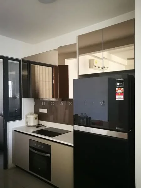 Kitchen features: black stainless-steel fridge, built-in oven, ceramic cooktop, white cabinetry, black countertop, wall-mounted split AC, glass backsplash, under-cabinet lighting, microwave, kitchen sink; style: modern.