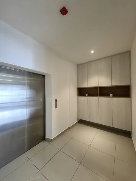 Room features: elevator, grey tiled flooring, white painted walls, built-in cabinetry with wood accents, recessed lighting, wall-mounted intercom, minimalist decor; style: modern.
