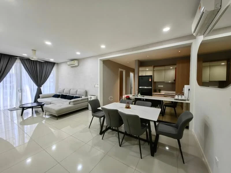 Living features: 3-seater fabric sofa in light grey, black throw pillows, coffee table, floor-to-ceiling windows with sheer curtains, white walls, recessed downlights, ceiling fan, marble tile flooring; style: modern; view: city. Dining features: 6-seater dining table, black dining chairs, decorative centerpiece, open layout to kitchen, marble tile flooring; style: modern. Kitchen features: built-in kitchen cabinets, black refrigerator, stainless-steel sink, countertop with bar seating, oven, cooktop, marble tile flooring; style: modern.