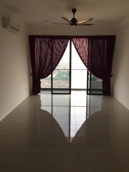 Living features: floor-to-ceiling windows, sliding glass door, 5-blade ceiling fan, white painted walls, glossy tile flooring, purple sheer curtains, city view, air conditioning unit; style: modern; view: city.