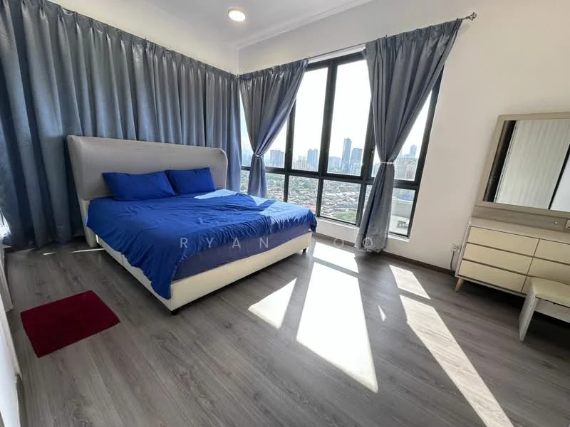 Bedroom features: king-size bed with blue bedding, floor-to-ceiling windows, grey curtains, laminate flooring, decorative mirror, nightstand, city skyline view, recessed ceiling lights; style: modern; view: city.