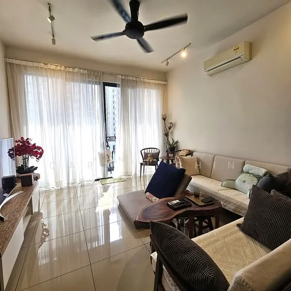 Living features: 3-seater fabric sofa in beige, 2-seater fabric sofa with cushions, wooden coffee table, TV console, wall-mounted TV, floor-to-ceiling windows with sheer curtains, sliding glass door, ceiling fan, recessed downlights, decorative plants, area rug with geometric pattern, wall-mounted air conditioning unit, wooden dining chair, throw pillows; style: modern; view: city.