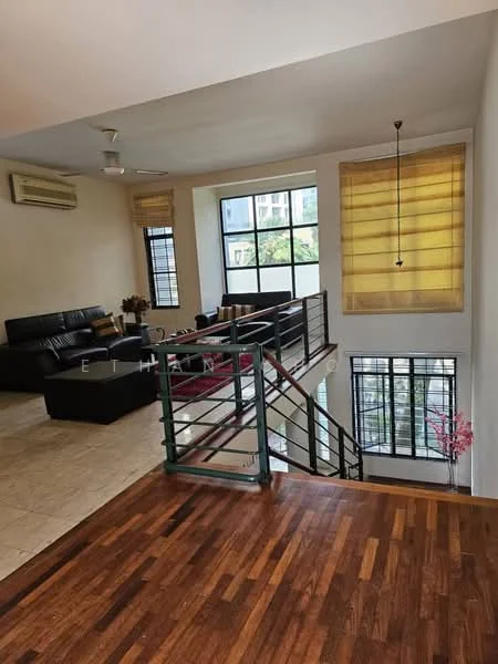 Living features: 3-seater black leather sofa, coffee table, TV console, wall-mounted TV, area rug, ceiling fan, large windows with black frames, yellow sheer curtains, wooden flooring, marble tile flooring, decorative plant, open layout, staircase with metal railing; style: modern; view: garden.