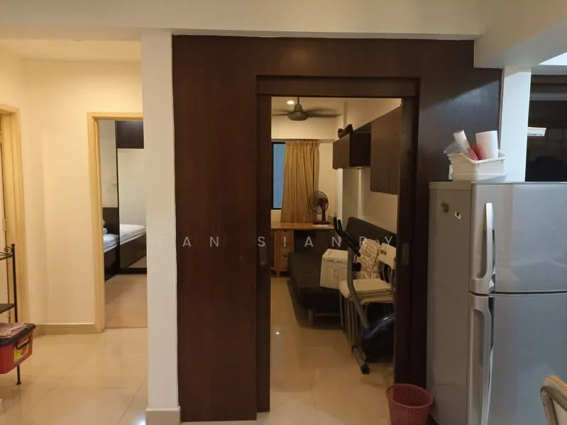 Room features: white painted walls, cream tiled flooring, wooden door frame, ceiling fan, refrigerator, sofa, window with curtain, desk with chair; style: modern.