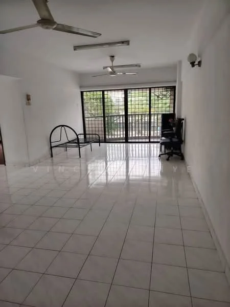 Living features: white painted walls, glossy white tile flooring, 2 ceiling fans, large sliding glass door, black metal window grilles, natural light from windows, empty space for furniture, wall-mounted TV, desk chair, unframed bed frame.