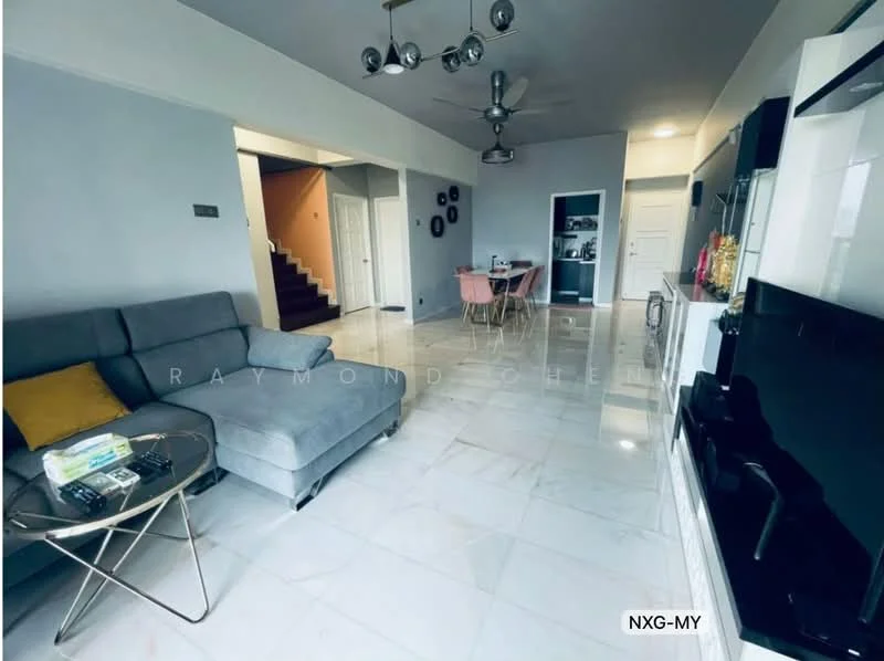 Living features: grey fabric sofa, round glass coffee table, marble tile flooring, recessed downlights, 5-blade ceiling fan, wall-mounted TV, TV console, decorative wall shelf, open layout to dining area, white painted walls; style: modern.