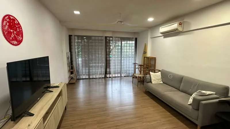 Living features: grey fabric sofa, wooden coffee table, wall-mounted TV, TV console, laminate flooring, white painted walls, ceiling fan, air conditioning unit, floor-to-ceiling windows with sheer curtains, decorative wall art, wooden chair, open space layout; style: modern.