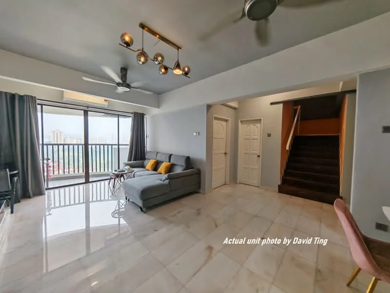 Living features: grey fabric sofa, 4-seater dining table, ceiling fan with light, recessed downlights, large sliding glass door, floor-to-ceiling windows, white painted walls, marble tile flooring, curtains, decorative wall art, staircase leading to upper floor; style: modern; view: city.