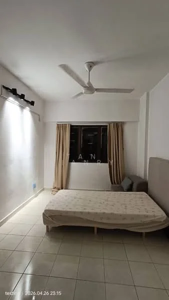 Bedroom features: white painted walls, tile flooring, ceiling fan, window with curtains, queen-size bed, bedside table, light-colored bedding, accent chair; style: minimalist.