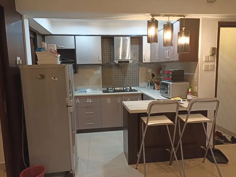 Kitchen features: stainless-steel fridge, built-in oven, freestanding range oven, stainless-steel range hood, grey cabinetry, white countertop, tile backsplash, 2-bar stools, kitchen island, ceramic tile flooring, recessed downlights, wall-mounted cabinets, open shelving; style: modern.