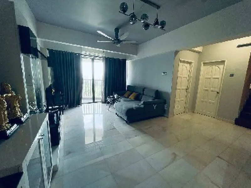 Living features: marble tile flooring, grey fabric sofa, 5-blade ceiling fan with light, floor-to-ceiling windows, blackout curtains, TV console, decorative wall unit, wall-mounted TV, decorative sculptures, neutral painted walls, recessed downlights; style: modern; view: city.