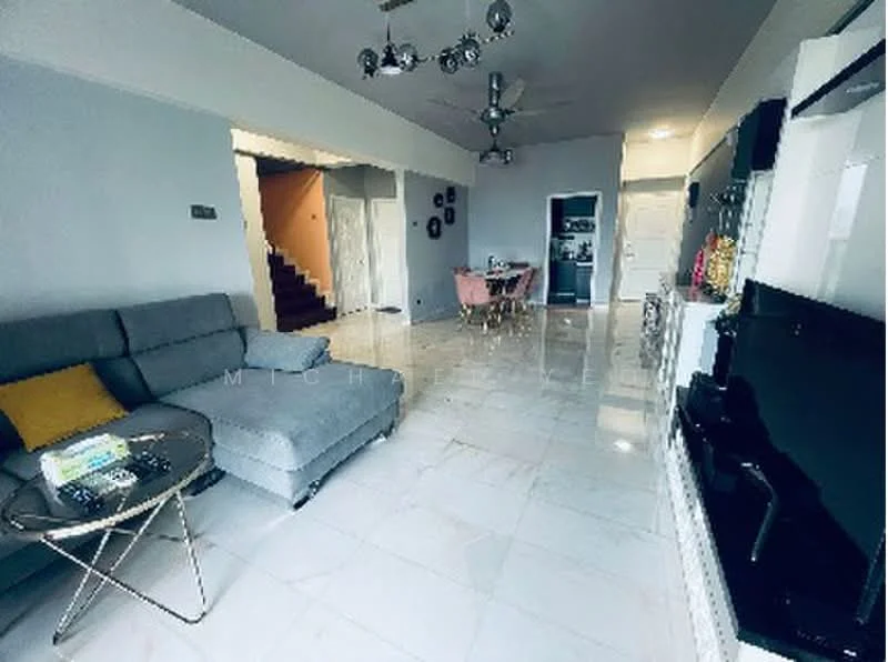 Living features: grey fabric sectional sofa, gold accent pillow, glass coffee table with metallic base, white painted walls, marble tile flooring, recessed downlights, 5-blade ceiling fan, wall-mounted TV, entertainment unit, decorative wall art, open layout to dining area, staircase visible in background; style: modern.