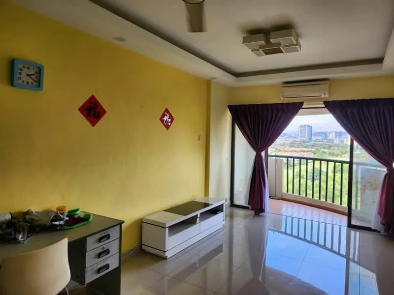Living features: yellow painted walls, glossy tile flooring, 5-blade ceiling fan, recessed ceiling lights, floor-to-ceiling sliding glass door, curtains in purple, TV console in white, wall clock, decorative wall art, view of city skyline; style: modern; view: city.