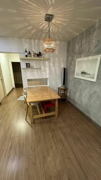 Dining features: wooden dining table, 4 wooden chairs, pendant light fixture, grey accent wall, laminate flooring, open shelving unit, decorative wine bottles, framed artwork, floor-to-ceiling windows, wall-mounted TV; style: modern.