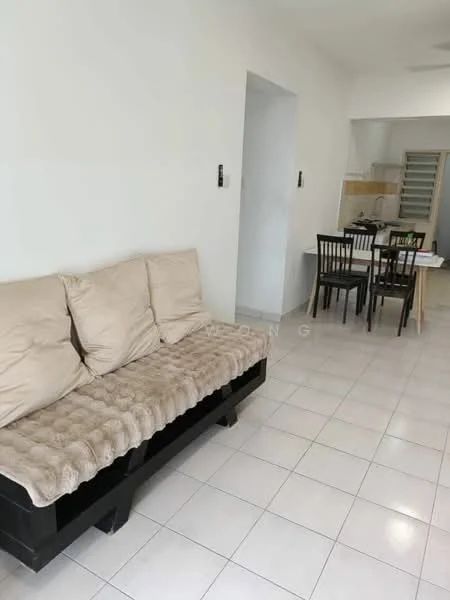 Living features: beige fabric sofa, white walls, tile flooring, ceiling fan, natural light from doorway, neutral decor, open layout, dining area visible in background; style: modern.