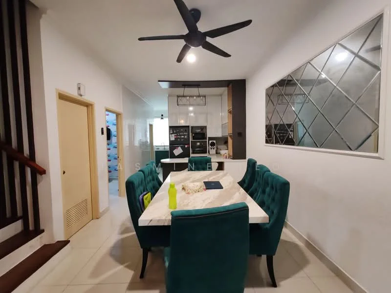 Dining features: 8-seater dining table with marble top, upholstered dining chairs in teal, pendant lamp, ceiling fan with light, white painted walls, tile flooring, mirror with diamond pattern, built-in cabinetry, open kitchen area visible, staircase in background; style: modern.