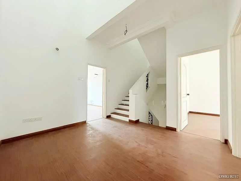 Room features: white painted walls, wooden flooring, staircase with black railing, doorway leading to another room, doorway leading to bathroom, ceiling with crown moulding, natural light from windows, open layout; style: modern.