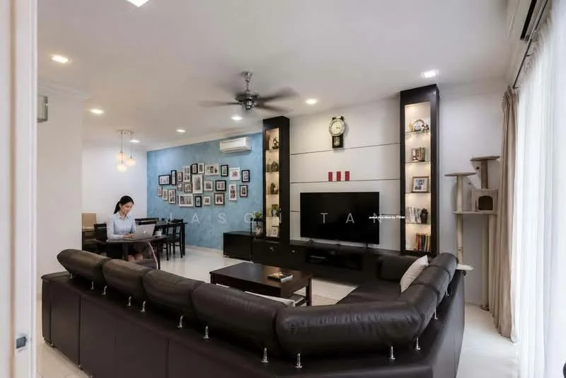 Living features: L-shape sectional sofa in dark brown leather, coffee table, wall-mounted TV, TV console with storage, decorative wall with framed photos, ceiling fan with light, recessed downlights, white painted walls, marble tile flooring, large windows with sheer curtains, decorative clock on wall, cat tree, open layout to dining area; style: modern.