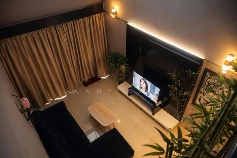 Living features: black fabric sofa, wooden coffee table, wall-mounted TV, black TV console, cream curtains, recessed LED lighting, decorative wall paneling, indoor plants, tile flooring, wall sconces; style: modern.