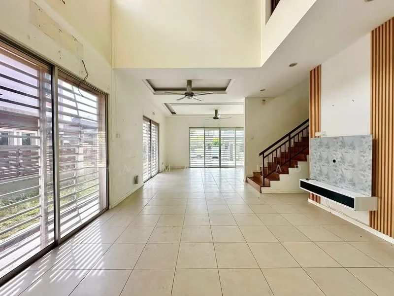 Living features: large floor-to-ceiling windows, sliding glass doors, 5-blade ceiling fan with light, white painted walls, cream tiled flooring, wooden staircase, feature wall with stone cladding, wall-mounted TV console, open layout, natural light from multiple angles; style: modern; view: garden.