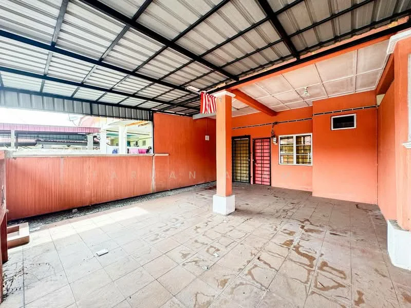 Exterior features: covered patio, orange painted walls, metal roof, tile flooring, security grille door, window with security bars, flag decoration, open space.