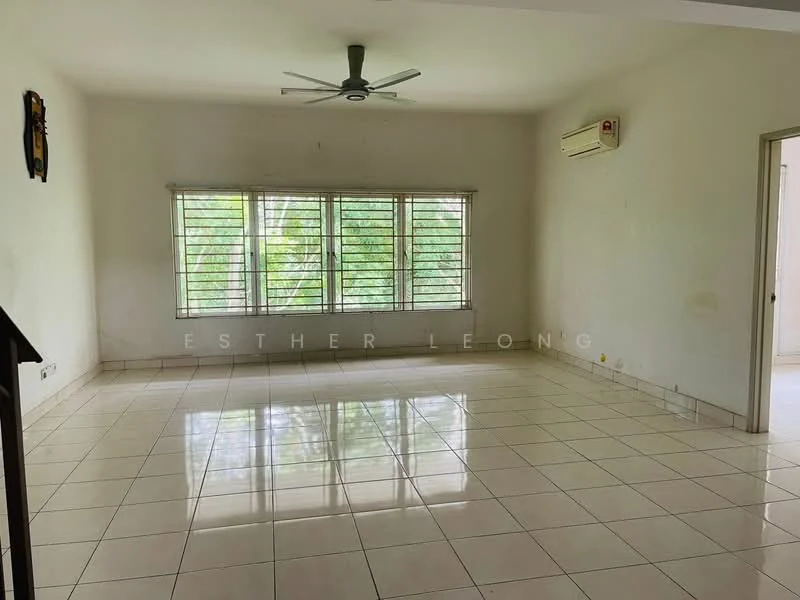 Living features: white painted walls, glossy ceramic tile flooring, 5-blade ceiling fan with light, sliding windows with horizontal bars, air conditioning unit, natural light from windows, neutral color scheme, no visible furniture; style: minimalist; view: garden.