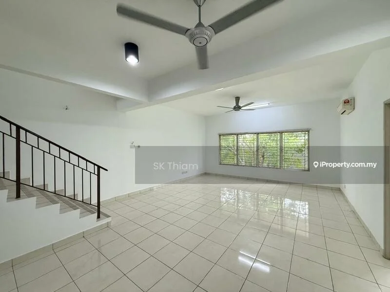 Living features: white painted walls, glossy ceramic tile flooring, 5-blade ceiling fan, recessed downlights, large windows with no treatments, open layout, staircase with metal railing, air conditioning unit; style: modern; view: garden.