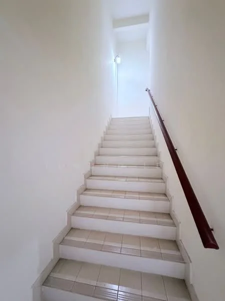 Room features: white painted walls, ceramic tile flooring, wooden handrail, staircase with risers, natural light from window at top of stairs; style: minimalist.