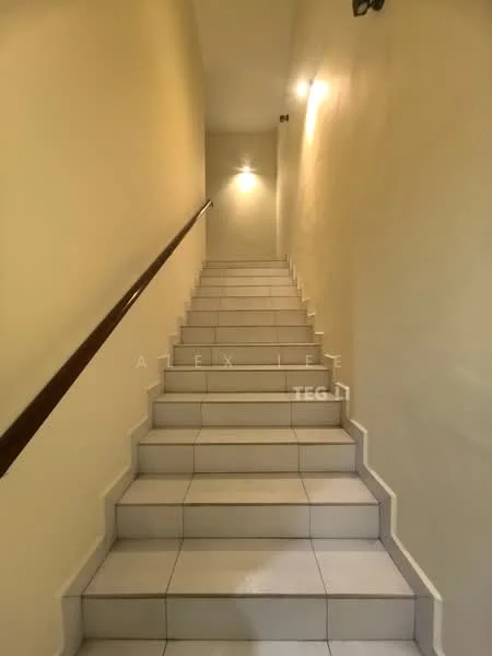 Room features: white painted walls, tile flooring, staircase with handrail, wall-mounted lights.