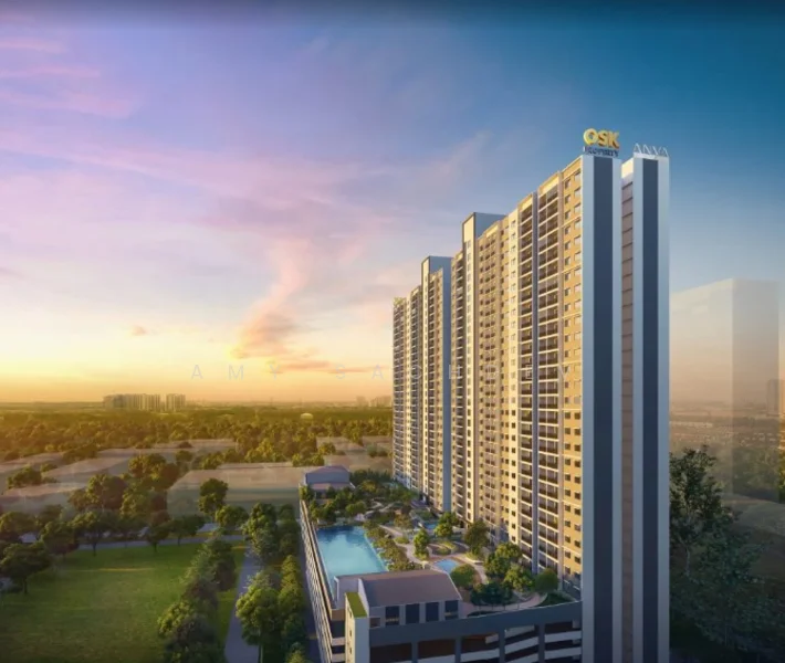 Exterior type: high-rise condominium; features: glass curtain wall, projecting balconies, infinity pool, landscaped garden, manicured lawn, surrounded by greenery, sunset view, modern architectural design; style: modern.