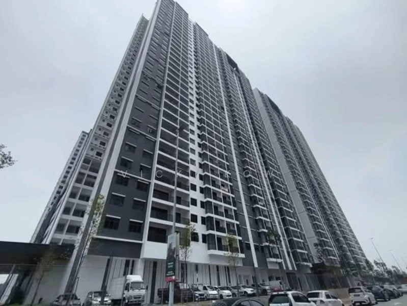Exterior type: high-rise condominium; features: glass curtain wall, grey and white facade, recessed balconies, approximately 20-storey high-rise, manicured landscaping, surrounded by mature greenery, open-air parking lot; style: modern.