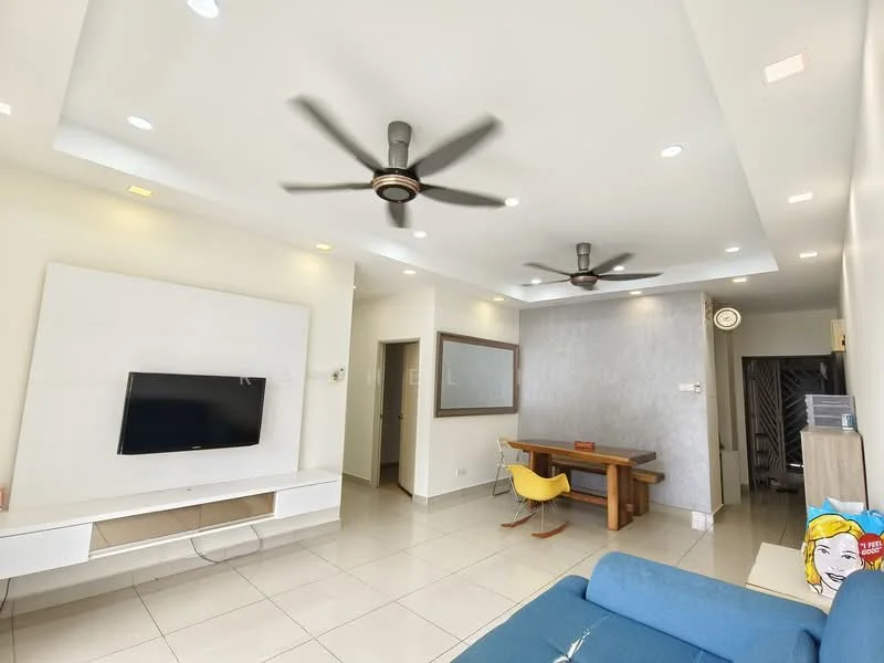 Living features: white painted walls, grey accent wall, recessed downlights, 2 ceiling fans, wall-mounted TV, white TV console, dining table with wooden legs, blue fabric sofa, tile flooring, decorative mirror, area rug; style: modern.