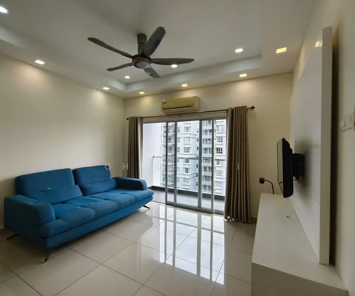 Living features: blue fabric sofa, floor-to-ceiling sliding glass door, white wall-mounted TV unit, recessed downlights, 5-blade ceiling fan with light, glossy white tiled flooring, curtains, air conditioning unit; style: modern; view: city.