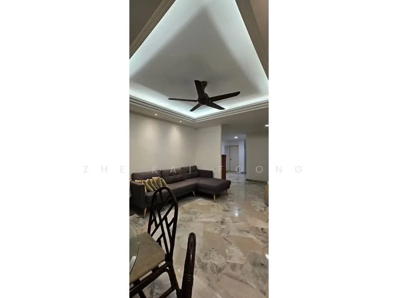 Living features: 5-blade ceiling fan with integrated LED light, grey sectional sofa, marble flooring, recessed downlights, crown moulding, neutral painted walls, dining table with chairs, open layout; style: modern.