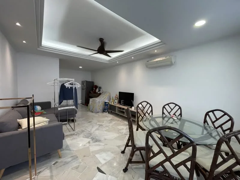 Living features: grey fabric sofa, glass dining table, 6 dining chairs, marble flooring, tray ceiling, recessed downlights, ceiling fan, wall-mounted TV, air conditioning unit, clothes drying rack, decorative throw pillows; style: modern.