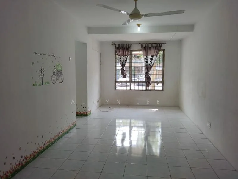 Living features: white painted walls, glossy white tile flooring, 5-blade ceiling fan with light, floor-to-ceiling windows, sheer curtains, decorative wall decals, natural light from windows, green floral baseboard.