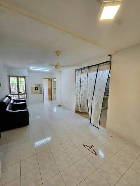 Living features: white painted walls, glossy ceramic tile flooring, ceiling fan, sofa in black leather, sliding glass door, curtains, window with grid, light fixture on ceiling.