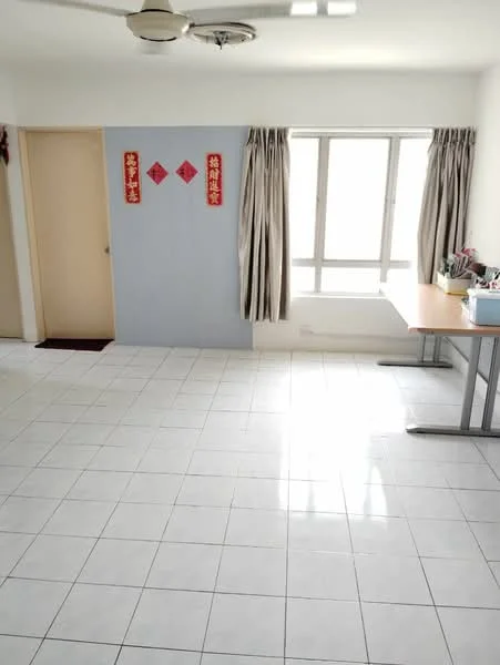 Room features: white painted walls, light grey accent wall, white tiled flooring, floor-to-ceiling windows, curtains in beige, ceiling fan, table with metal legs, door leading to another room; style: modern.